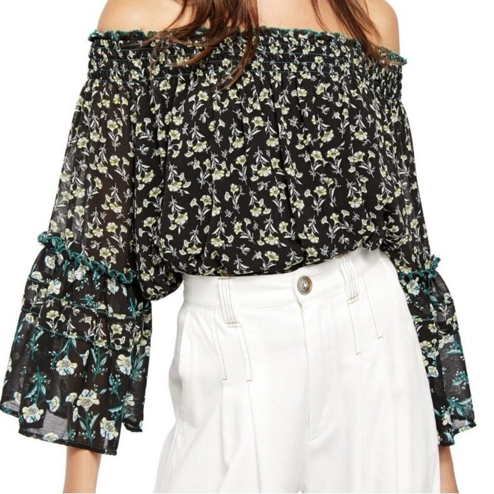Free People Black Floral Off‎ the Shoulder Blouse Size M Medium